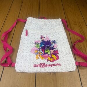 Walt‎ Disney World Mickey Minnie Donald Goofy Pluto Drawstring Bag White Pink